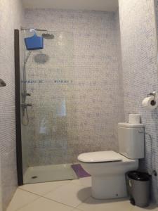 a bathroom with a shower with a toilet and a sink at Wind House in Imsouane