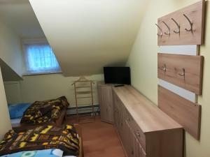 a room with a bed and a desk with a television at Paul-S Apartman in Bad Hofgastein