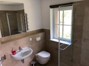 a bathroom with a sink and a toilet and a shower at Farm-Chalet Renzow in Renzow +22 photos