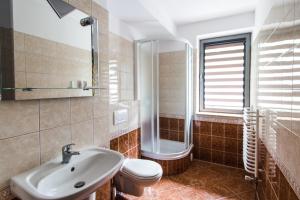 a bathroom with a sink and a toilet at Noclegi Na Granicy in Chyżne