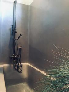 a shower in a bathroom with a sink at Appartement Zeeuws genoegen in Vlissingen