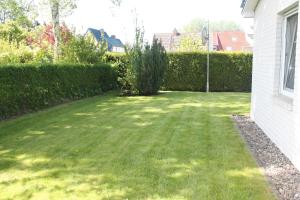 a yard with green grass and a hedge at Am Ostseestrand 1 in Zingst