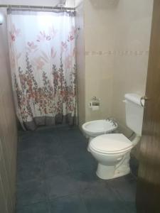 a bathroom with a toilet and a shower curtain at Departamentos del centro in Villa Mercedes