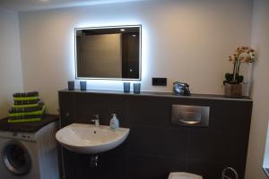 un baño con lavabo y espejo en „Schönes“ Ferienhaus, en Thale