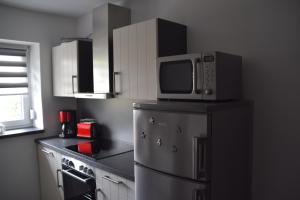 a kitchen with a microwave on top of a refrigerator at „Schönes“ Ferienhaus in Thale