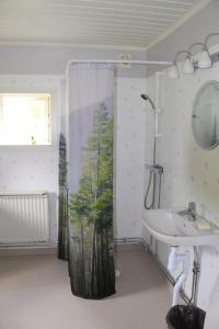 W łazience znajduje się umywalka oraz prysznic z zasłoną prysznicową. w obiekcie Åsen w mieście Årjäng