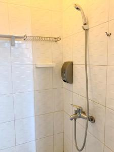 La salle de bains est pourvue d'une douche avec un pommeau de douche. dans l'établissement Backpacker 41 Hostel - Taichung, à Taichung