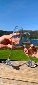 two people holding wine glasses on a wooden table at Glenachulish Bay with Hot Tub in Glencoe