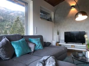 a living room with a couch and a flat screen tv at Penthouse Skyview im Natur-Erlebnispark Bad Kleinkirchheim in Patergassen