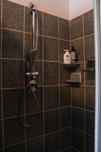 a shower in a bathroom with brown tiles at Giolitti Luxury Apartment in Cuneo