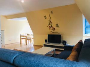 a living room with a blue couch and a tv at Villa Ambienta WE 7 in Binz