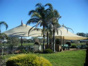 a large white umbrella in a park with palm trees at Paradise Lakes Motel Shepparton in Shepparton