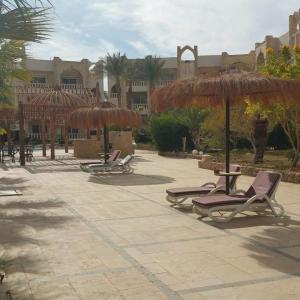 eine Gruppe von Stühlen und Sonnenschirmen im Innenhof in der Unterkunft One-bedroom apartment S2 in Vip Zone Sunny Lakes in Sharm El Sheikh
