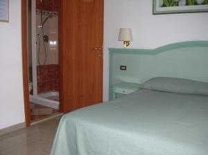 um quarto com uma cama e um banheiro com chuveiro em Chiara Stella Guest House em Roma