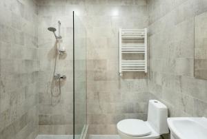 a bathroom with a shower with a toilet and a sink at Brick walls in Gori +42 photos