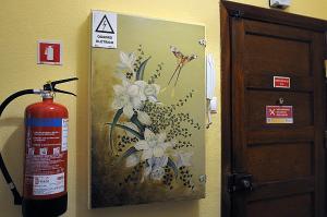 a fire extinguisher next to a painting of flowers on a wall at Casa das 4 estações in Castelo Branco