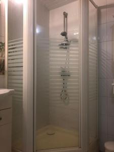 a shower with a glass door in a bathroom at La petite bourgeoise in Petit-Bourg