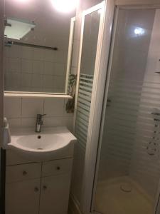 a white bathroom with a sink and a shower at La petite bourgeoise in Petit-Bourg