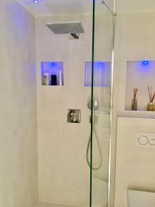 y baño con ducha y puerta de cristal. en ★★★ Paradis Prado Mermoz proximité Mer★★★ en Marsella