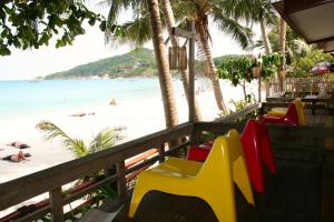 a restaurant with chairs and a beach with palm trees at Palita Lodge - SHA Plus in Haad Rin