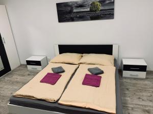 uma cama com duas almofadas num quarto em Čajkovského 13 em Martin
