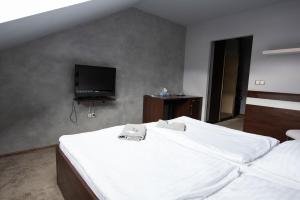 a bedroom with two beds and a flat screen tv at Penzion u Trávníčka in Modřice
