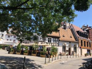 una calle de la ciudad con un edificio y un árbol en Les Appartements du Renard en Estrasburgo