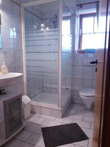 y baño blanco con ducha y aseo. en Ferienwohnung Uschi Hipp, en Schwangau