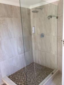 a bathroom with a shower stall with a glass shower door at At Sta-Plus Guest House in Port Elizabeth