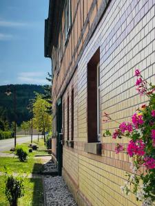 an open door of a brick building with pink flowers at Ferienwohnung Landliebe in Rudolstadt