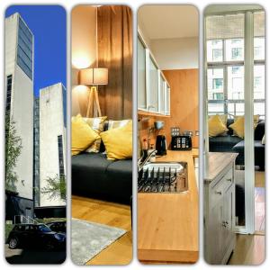 three pictures of a kitchen and a living room at Elegant Apartment Near SECC/HYDRO in Finnieston, Glasgow in Glasgow