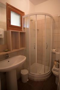 a bathroom with a shower and a sink at T'Aloni in Chortáta