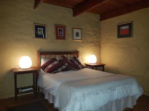 
a bedroom with a bed and a lamp on the wall at Over The Mountain Guest Farm in George
