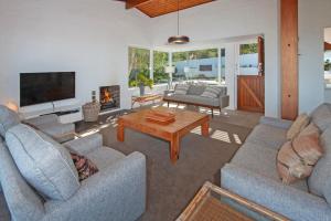 a living room with two couches and a fireplace at Views Views Views in Hermanus