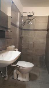 a bathroom with a toilet and a sink and a shower at HOLI DAY SPA Appartement 1 in Berlin