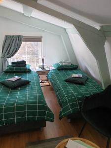 2 letti verdi in una camera con finestra di Pension Groeneweg a Gouda