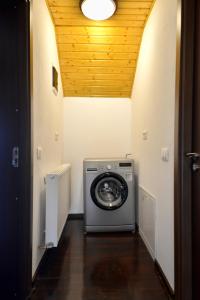 a washing machine in a laundry room with a ceiling at Foisorul Din Poveste in Şerbăneşti