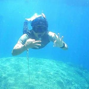 a person in the water making a peace sign at Taman Menjangan homestay by SnorkelingMenjangan in Banyuwedang