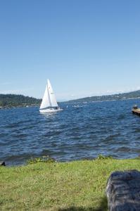a sailboat in the water with at Water View Home in Seattle