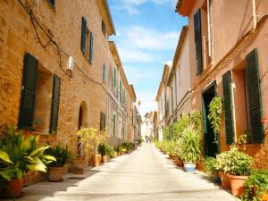 eine Gasse in einer Altstadt mit Topfpflanzen in der Unterkunft Can Pep in Cielo de Bonaire 