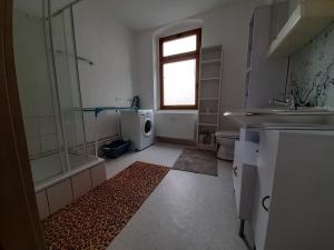 a bathroom with a shower and a sink and a washing machine at Wohnen in 09599 Freiberg, Buchstraße 14 in Freiberg