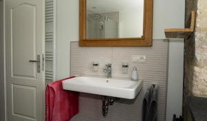 a bathroom with a white sink and a mirror at Ferienhaus Alte Schule in Volkesfeld +9 photos