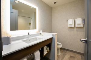 a bathroom with a toilet, sink, and mirror at Holiday Inn Express - Lethbridge Southeast, an IHG Hotel in Lethbridge