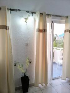 baño con ducha con cortinas y ventana en Résidence Le Dattier, 2 bedrooms apartment, Flic en Flac, en Flic en Flac