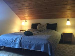 a bedroom with a large bed with a wooden ceiling at Lilla Lilo Gården in Östersund