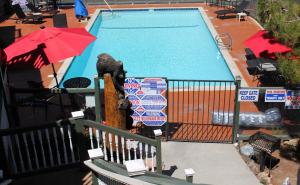 a view of a swimming pool from a balcony at Fireside Lodge in Big Bear Lake