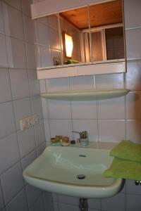 タクセンバッハにあるBauernhof Bachrainのバスルーム(洗面台、鏡付)