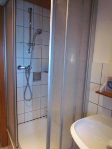 W łazience znajduje się prysznic i umywalka. w obiekcie Gemütliche Ferienwohnung in ländlicher Idylle w mieście Vöhl