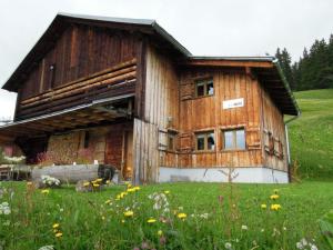 a large wooden building in a field of grass at La Casa Cathomen Brigels - Maiensäss/Berghaus für max. 6 Personen in Breil/Brigels