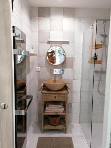 a bathroom with a sink and a mirror at logement en campagne in Landemer